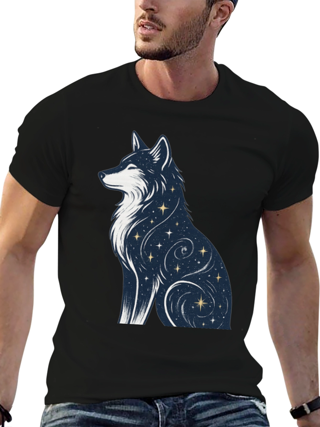 Celestial Wolf Graphic Tee - Stylish Black T-Shirt