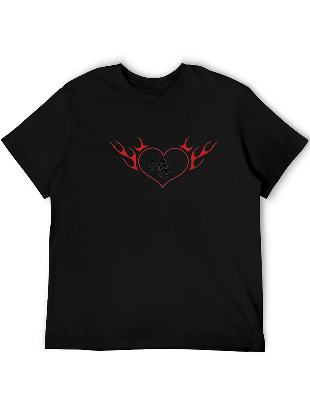 Flaming Heart Tiger Graphic Tee - Cool Black T-Shirt
