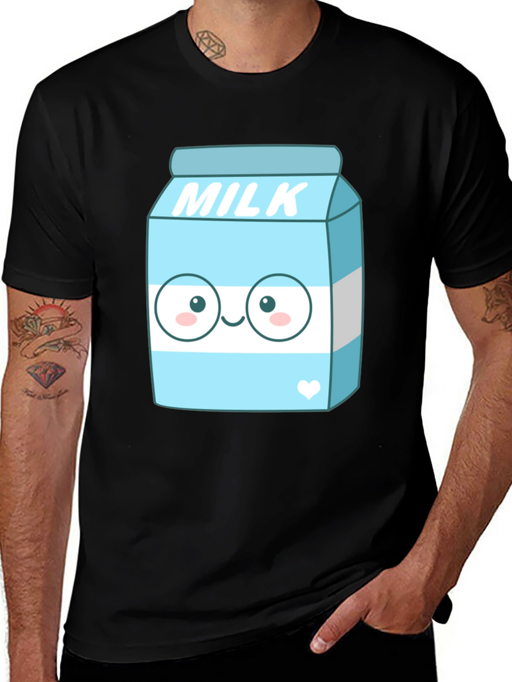Kawaii Milk Cartoon Graphic Print Black T-Shirt