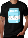 Kawaii Milk Cartoon Graphic Print Black T-Shirt
