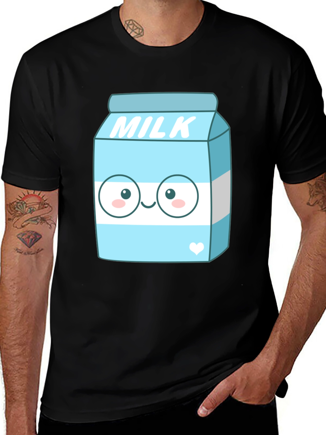 Kawaii Milk Cartoon Graphic Print Black T-Shirt