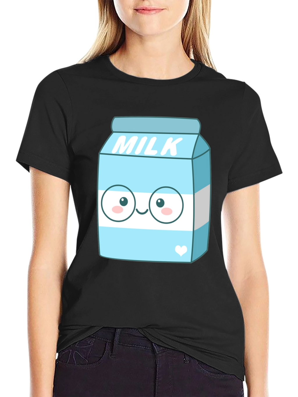 Kawaii Milk Cartoon Graphic Print Black T-Shirt