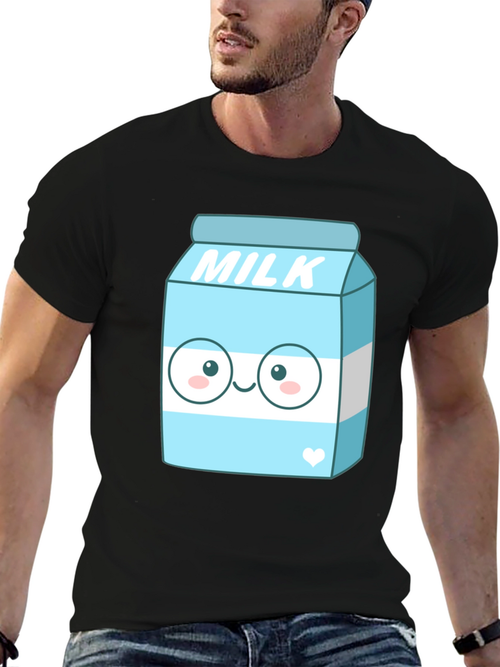 Kawaii Milk Cartoon Graphic Print Black T-Shirt