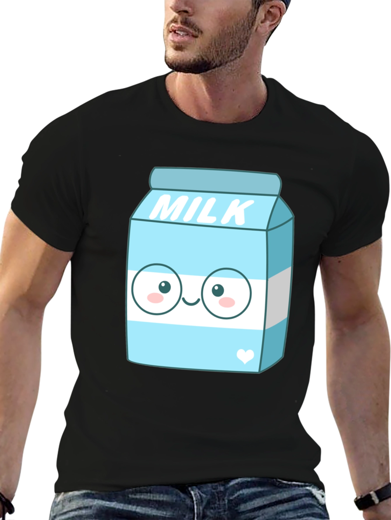 Kawaii Milk Cartoon Graphic Print Black T-Shirt