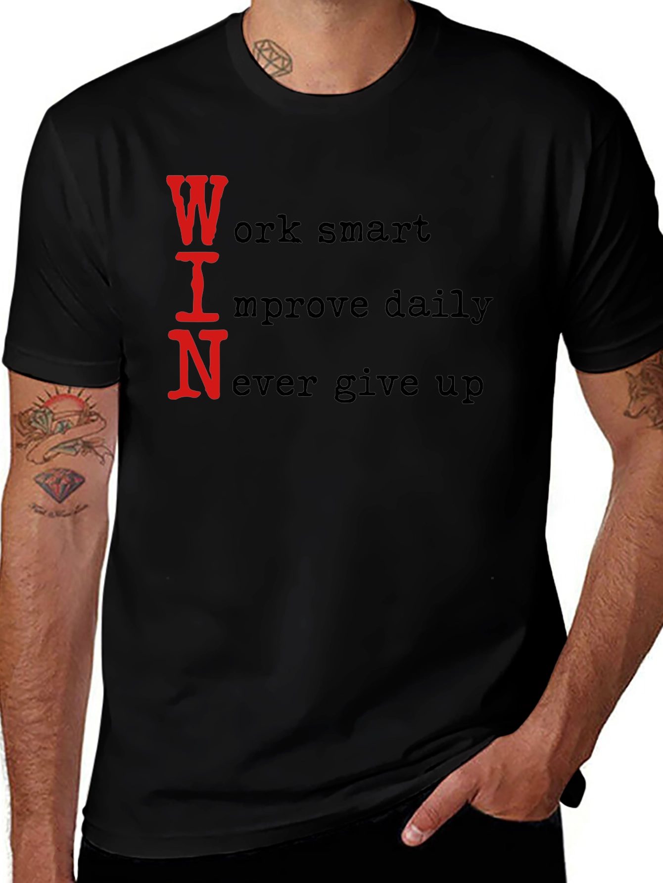 WIN Black Graphic T-Shirt: Work Smart Improve Daily Never Give Up
