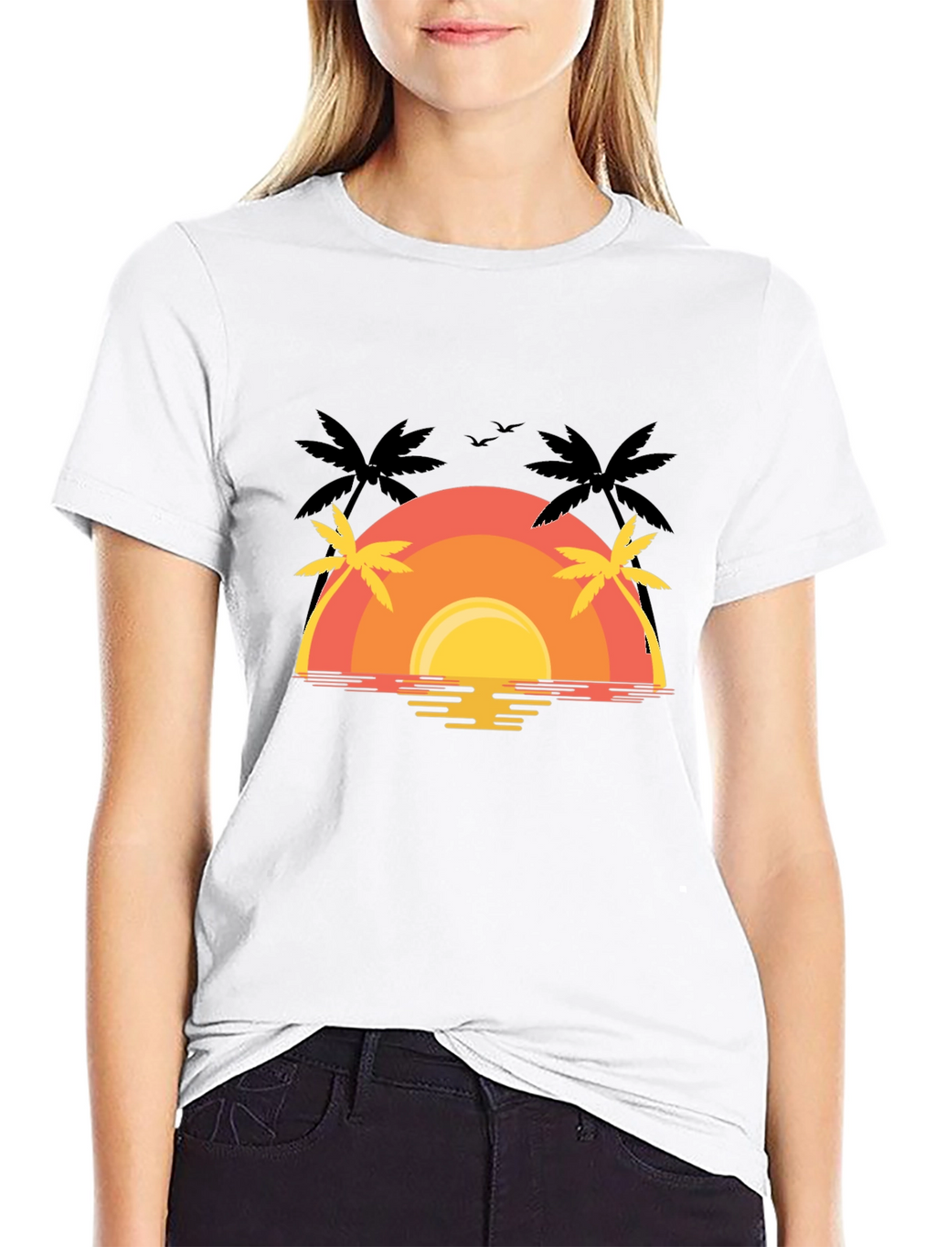 Sunset Palm Tree Graphic Tee - Black