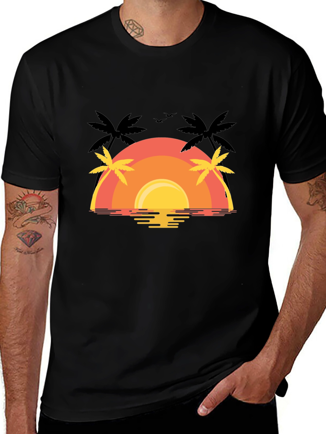 Sunset Palm Tree Graphic Tee - Black