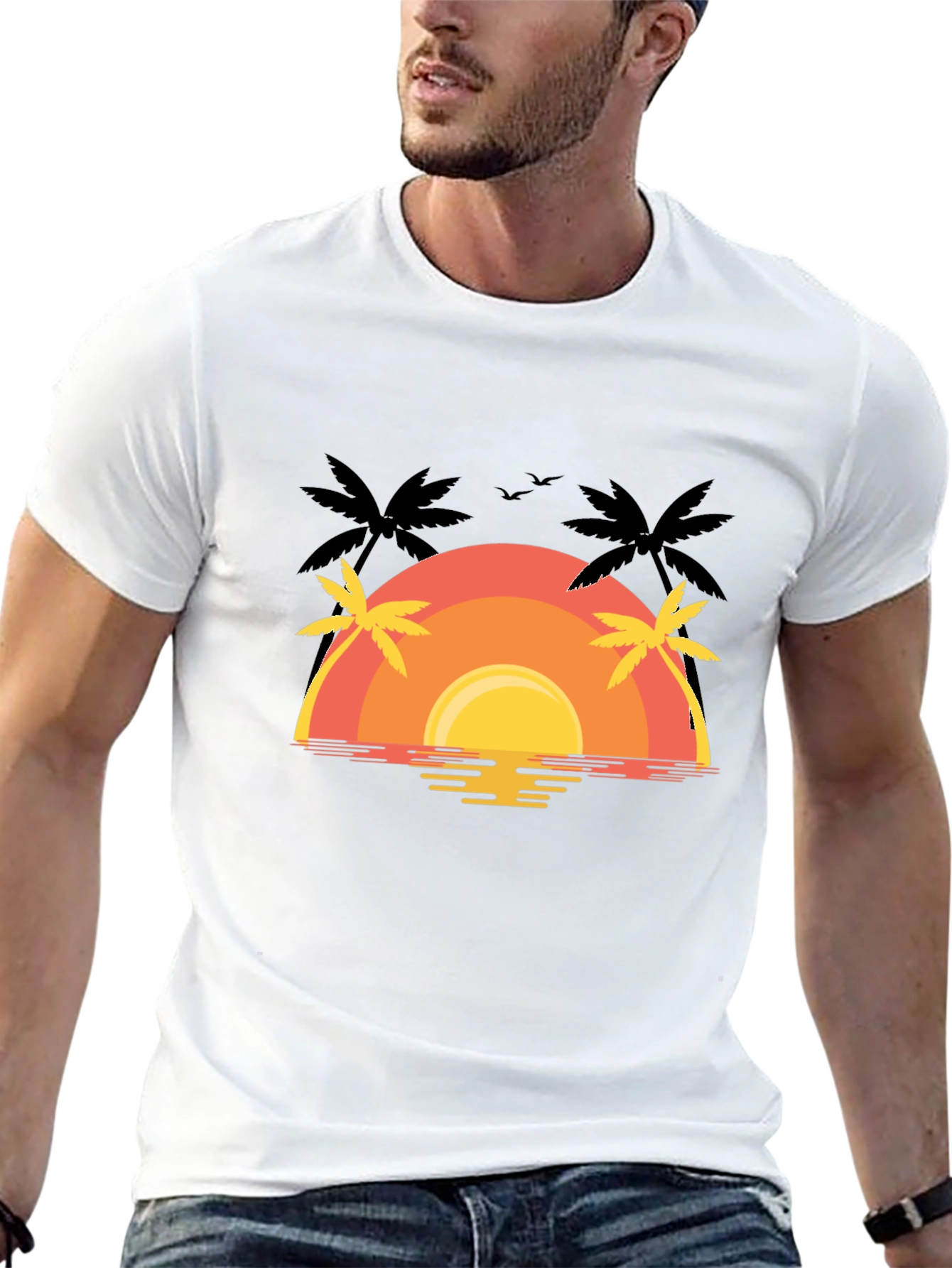 Sunset Palm Tree Graphic Tee - Black