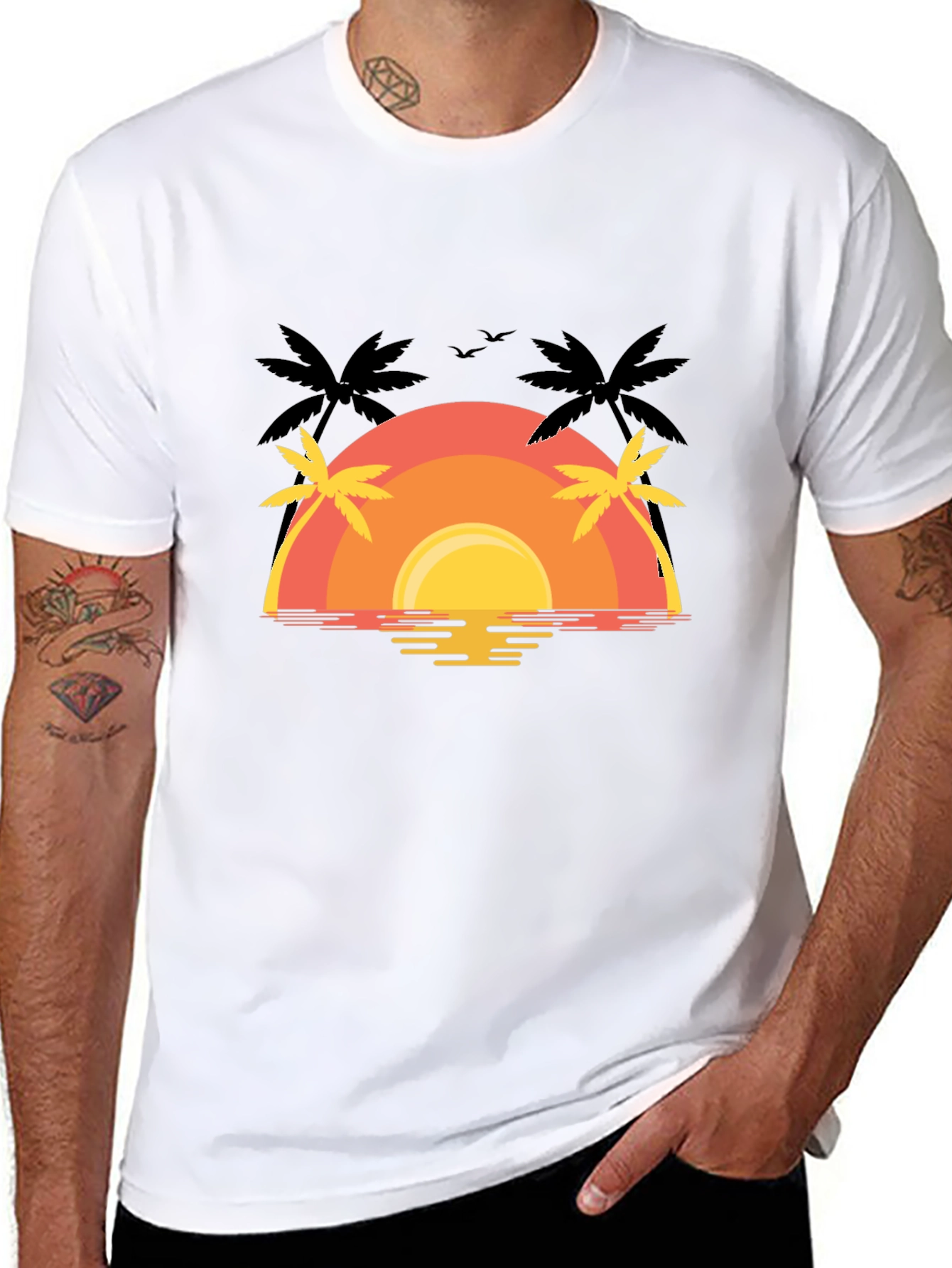 Sunset Palm Tree Graphic Tee - Black