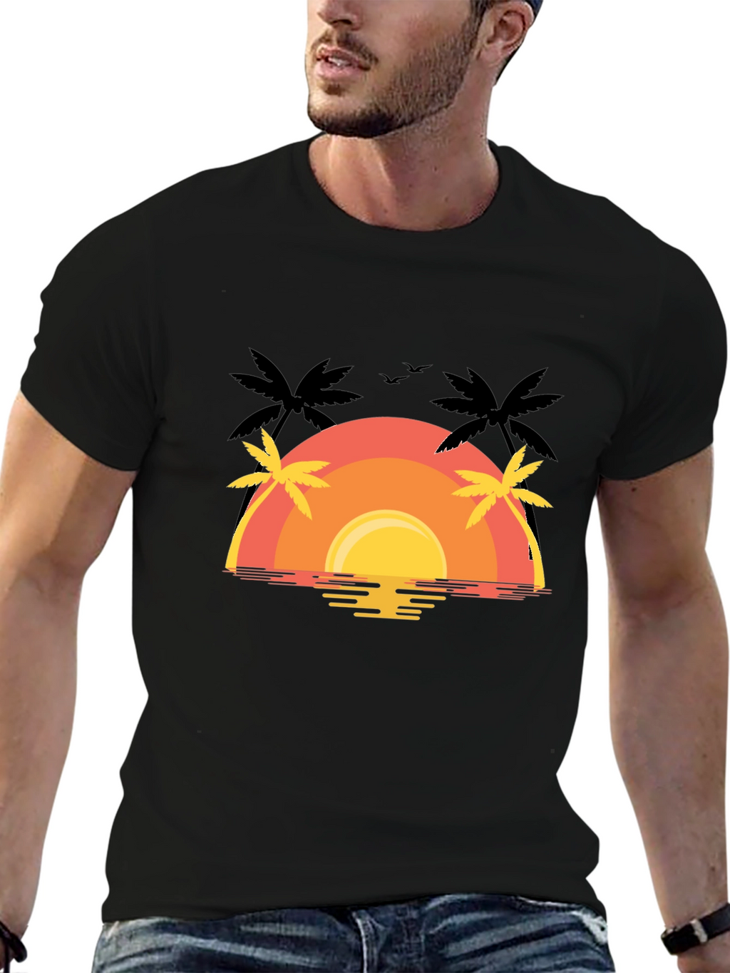 Sunset Palm Tree Graphic Tee - Black