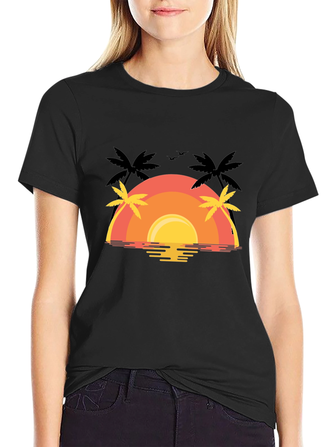 Sunset Palm Tree Graphic Tee - Black