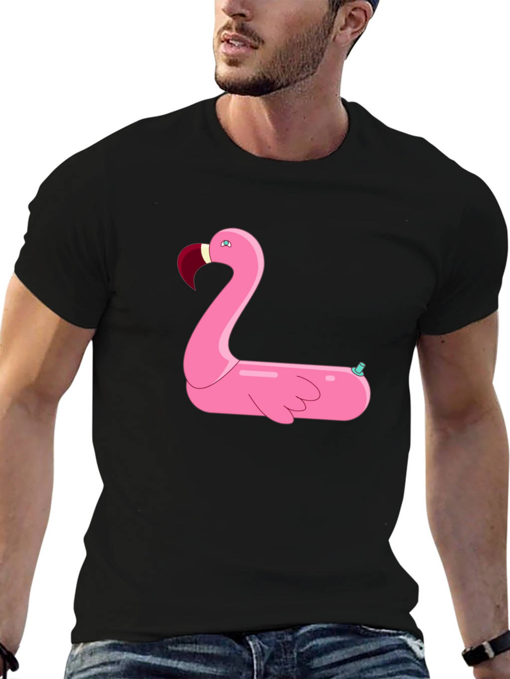 Black T-Shirt with Pink Flamingo Float Design