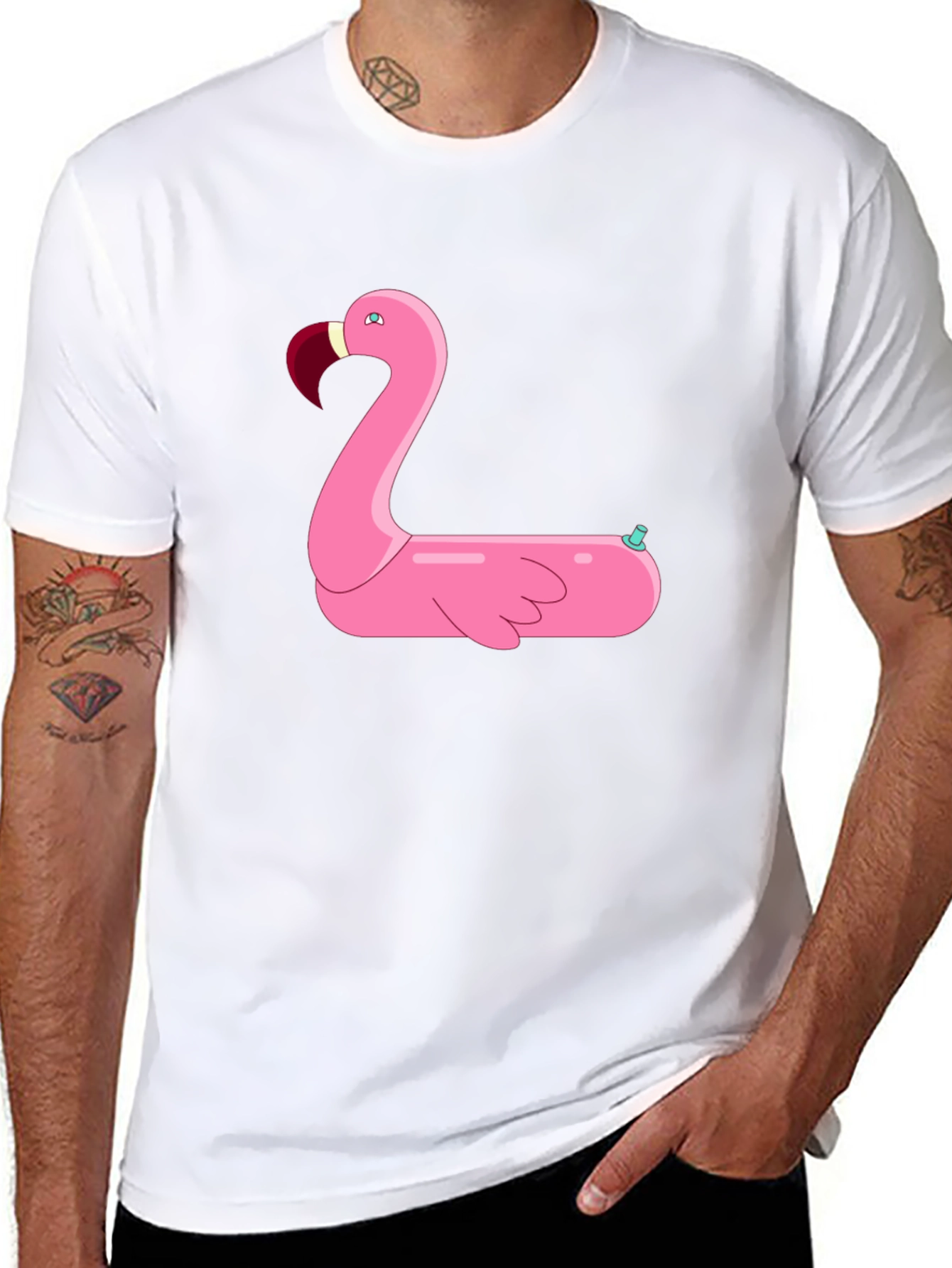 Black T-Shirt with Pink Flamingo Float Design