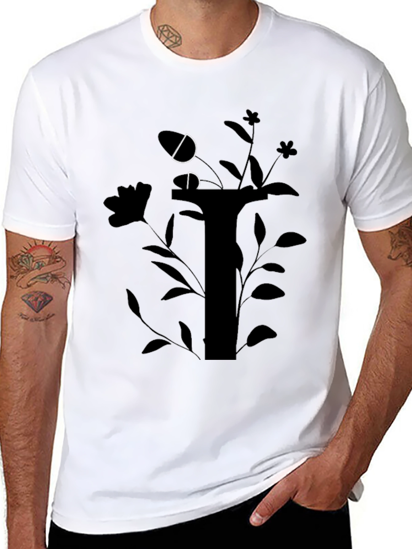 Black Graphic Tee with Floral Design