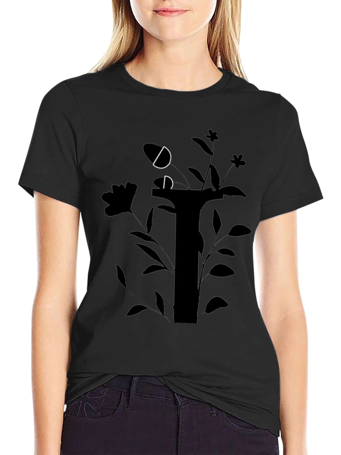 Black Graphic Tee with Floral Design