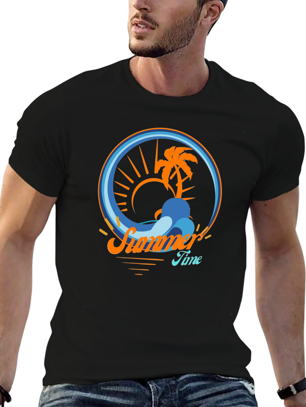 Summer Time Palm Tree Graphic Tee - Black