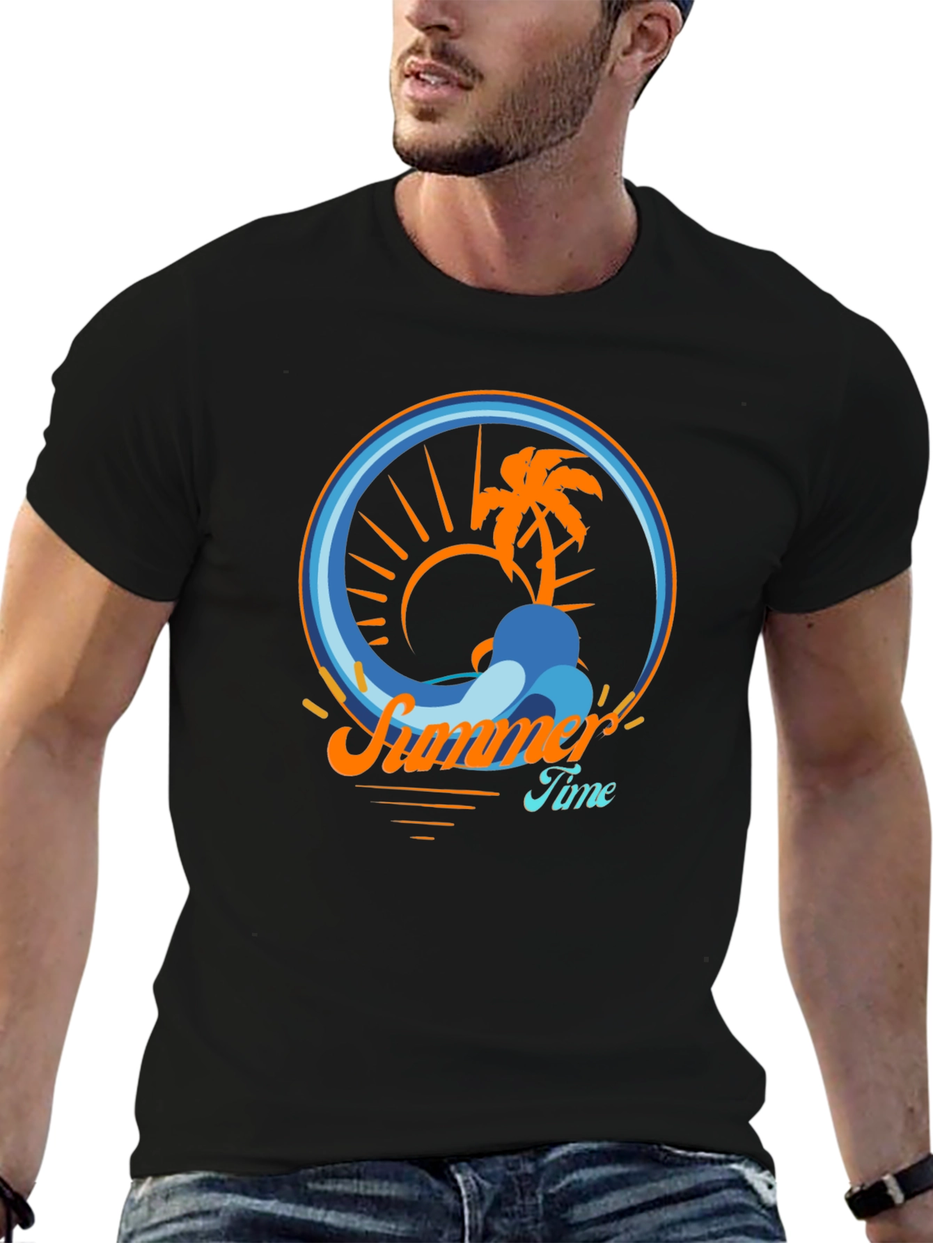 Summer Time Palm Tree Graphic Tee - Black