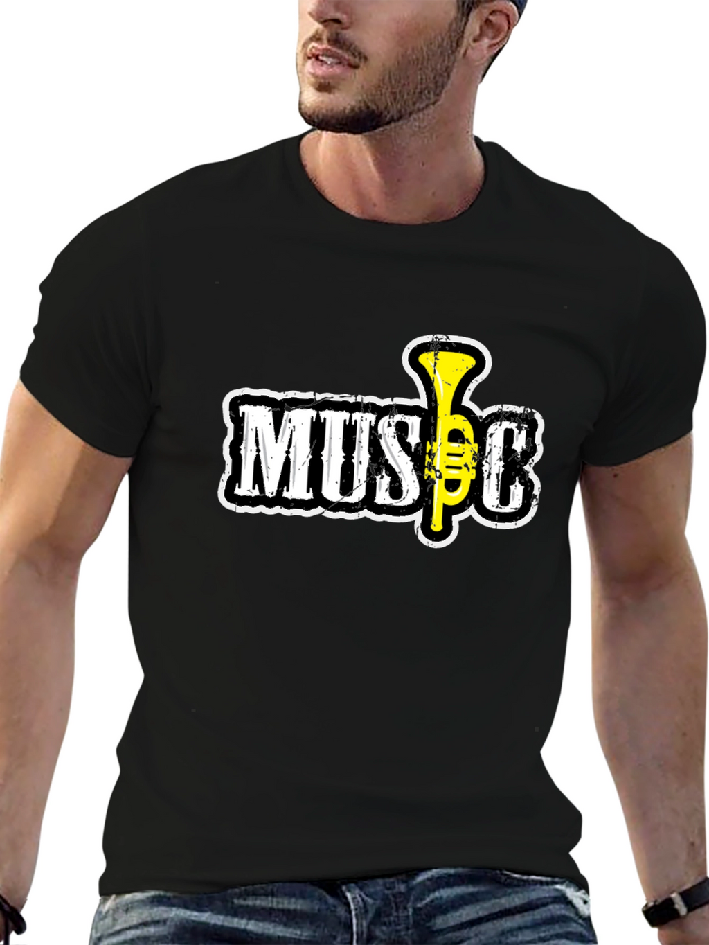 Black Music T-Shirt with Trumpet Design