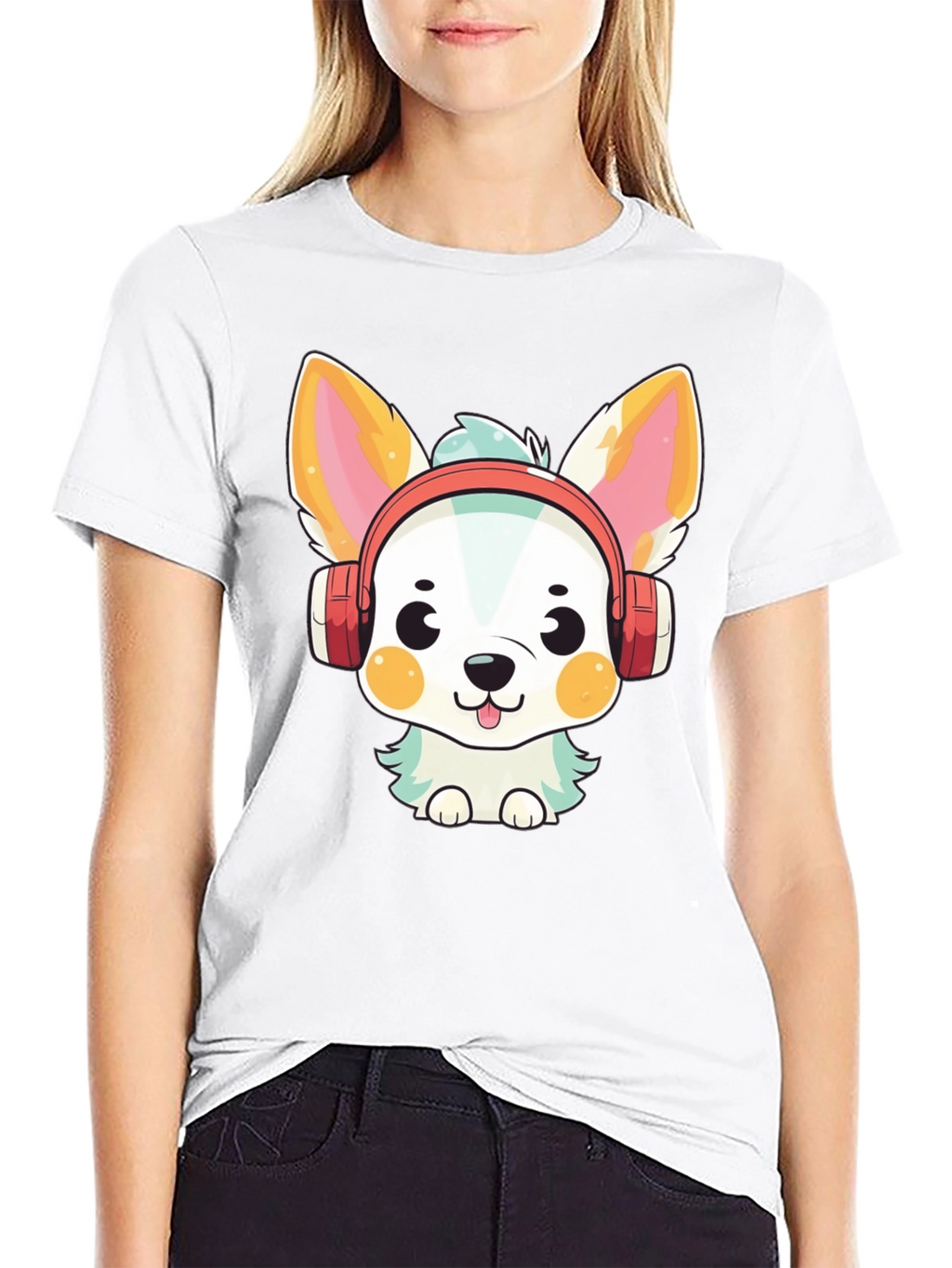 Cute Dog with Headphones Black T-Shirt
