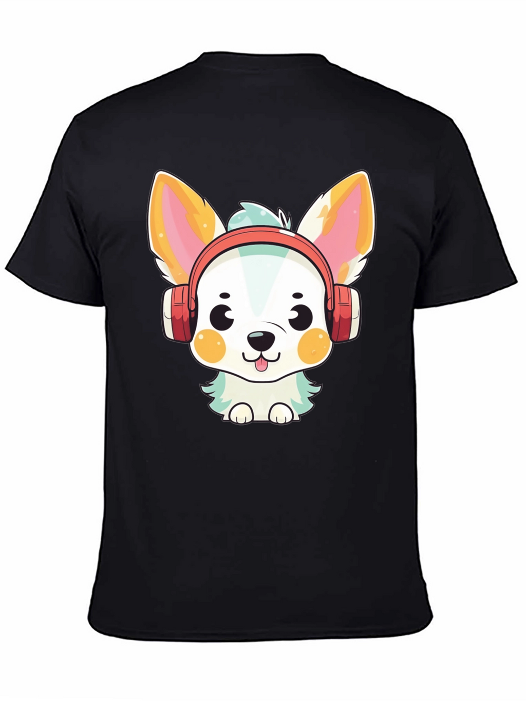 Cute Dog with Headphones Black T-Shirt