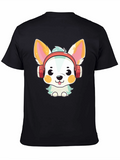 Cute Dog with Headphones Black T-Shirt