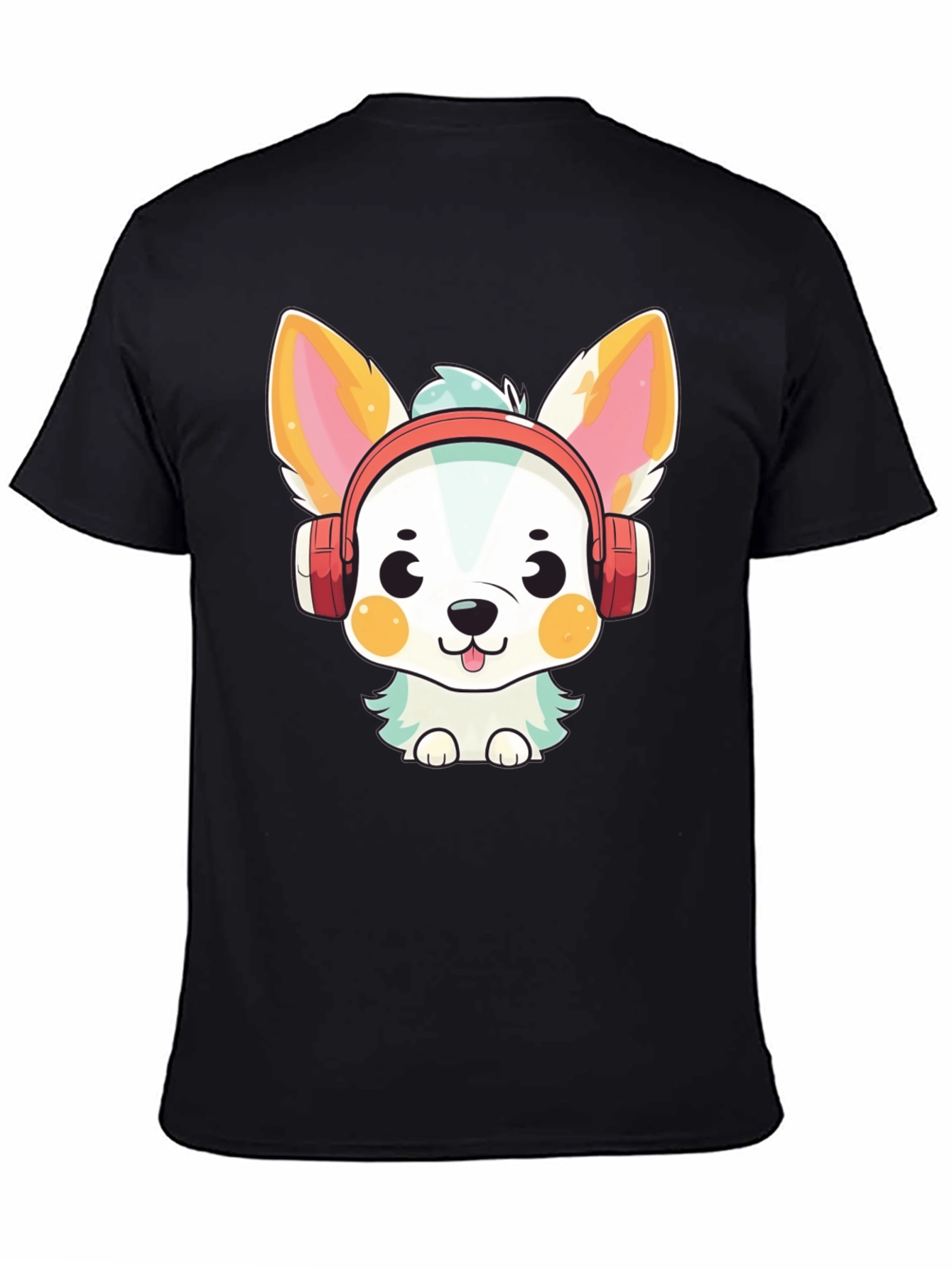 Cute Dog with Headphones Black T-Shirt