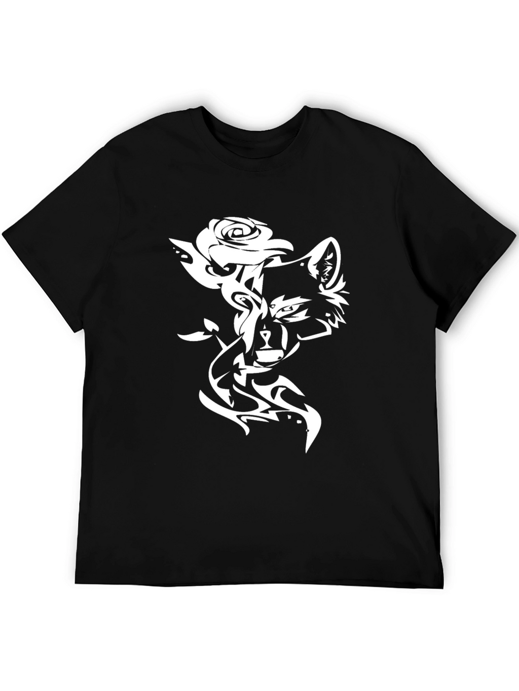 Stylish Black T-Shirt with Wolf & Rose Design