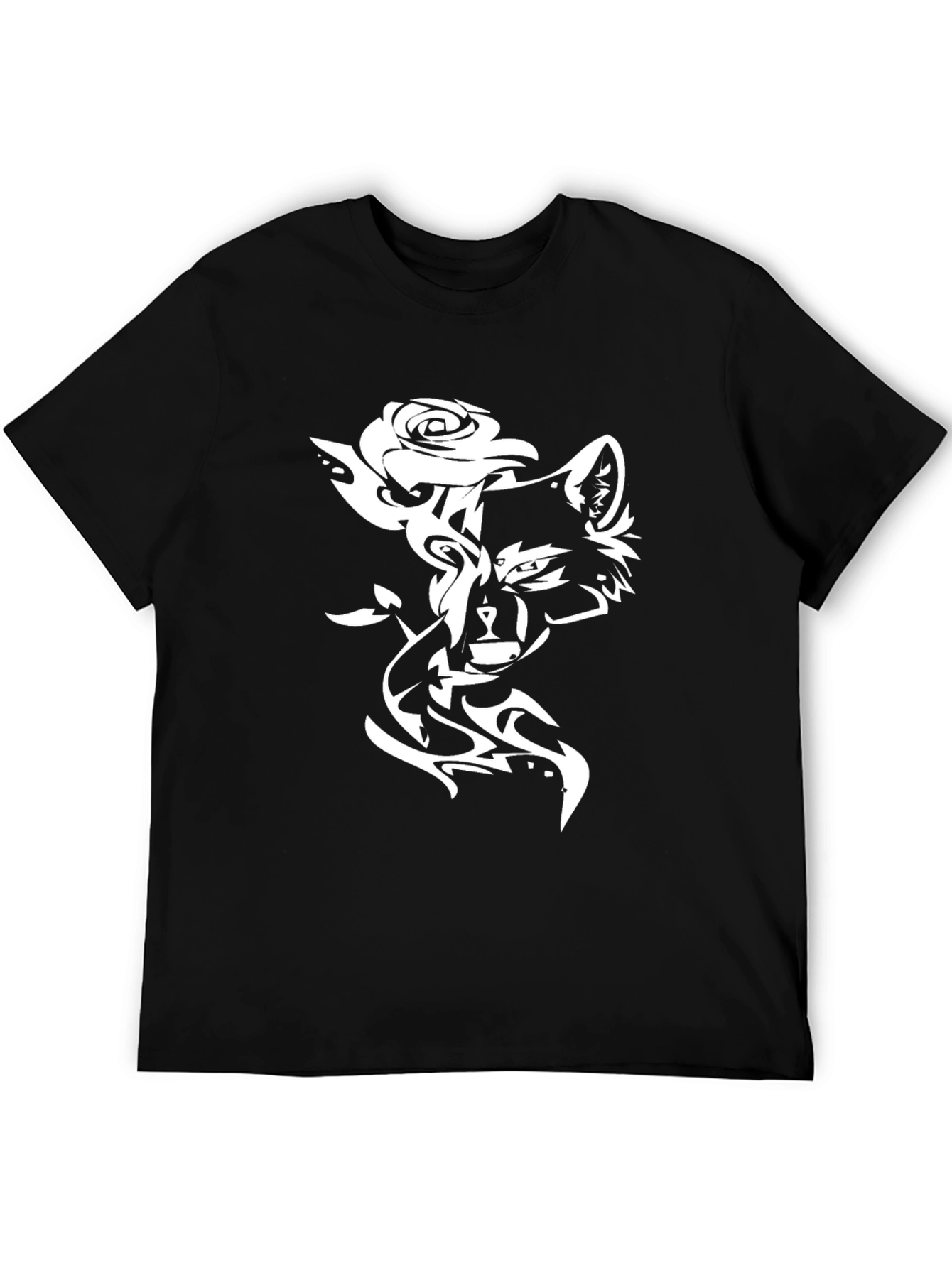 Stylish Black T-Shirt with Wolf & Rose Design