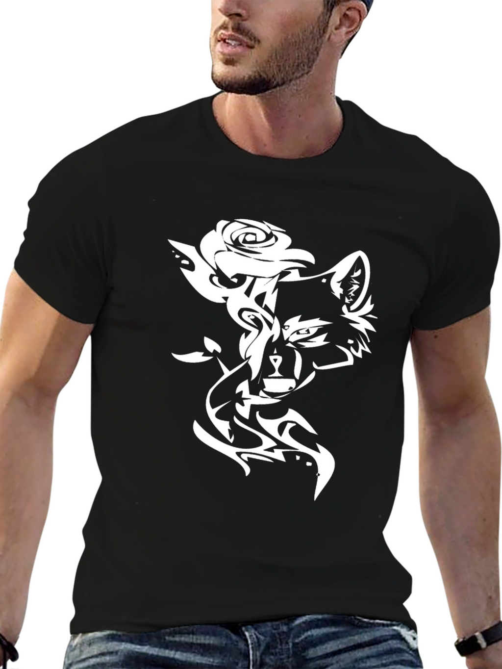 Stylish Black T-Shirt with Wolf & Rose Design