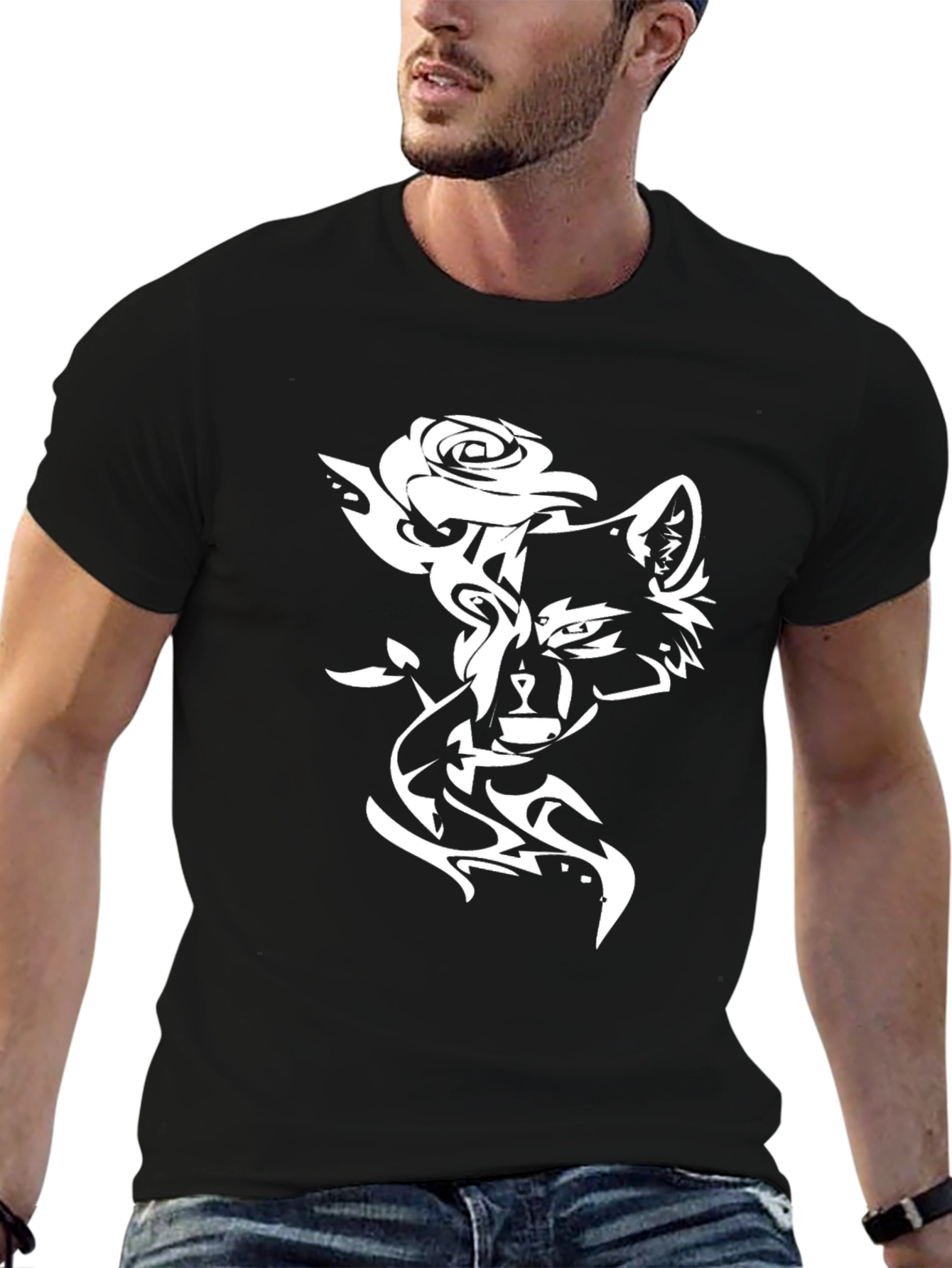 Stylish Black T-Shirt with Wolf & Rose Design