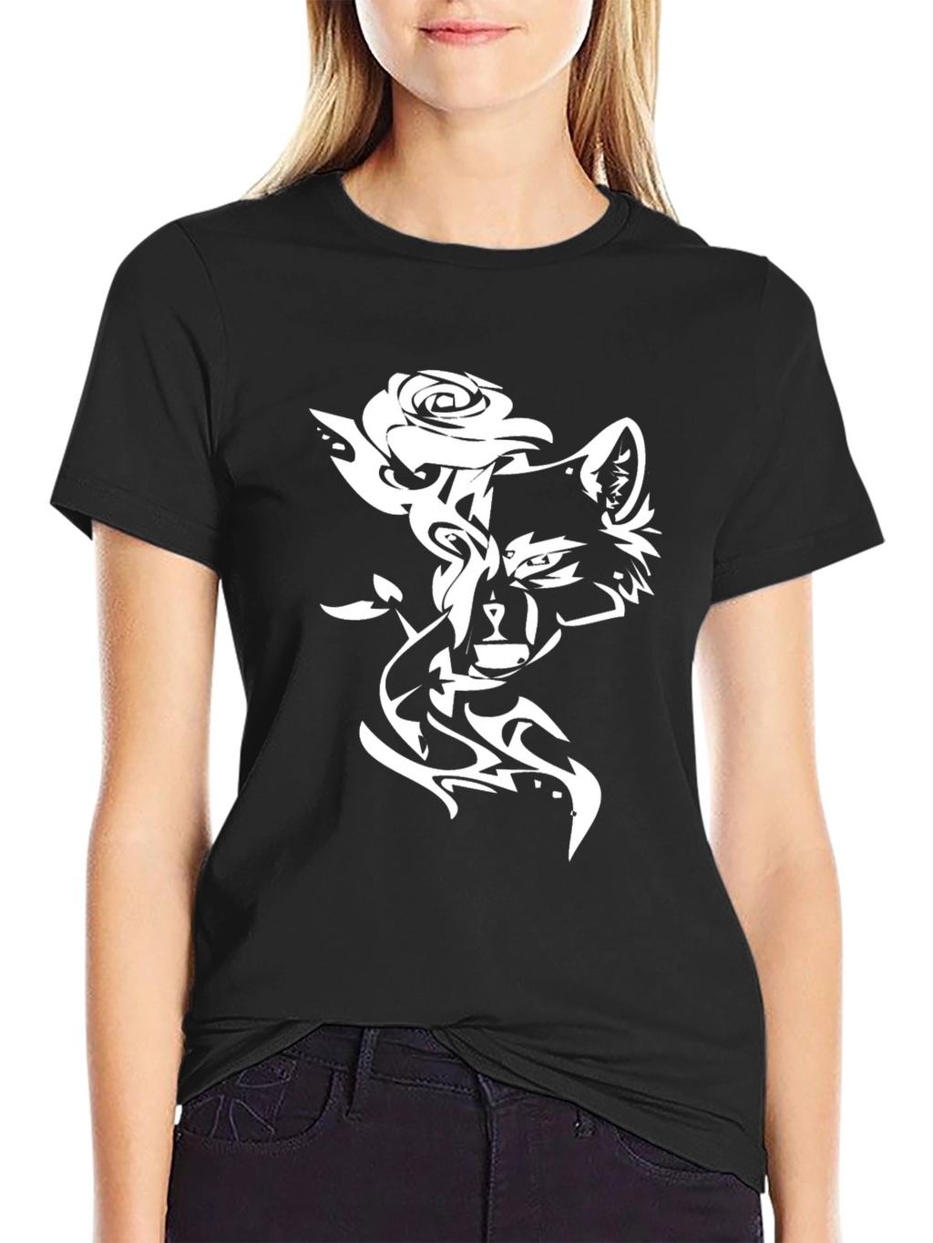 Stylish Black T-Shirt with Wolf & Rose Design