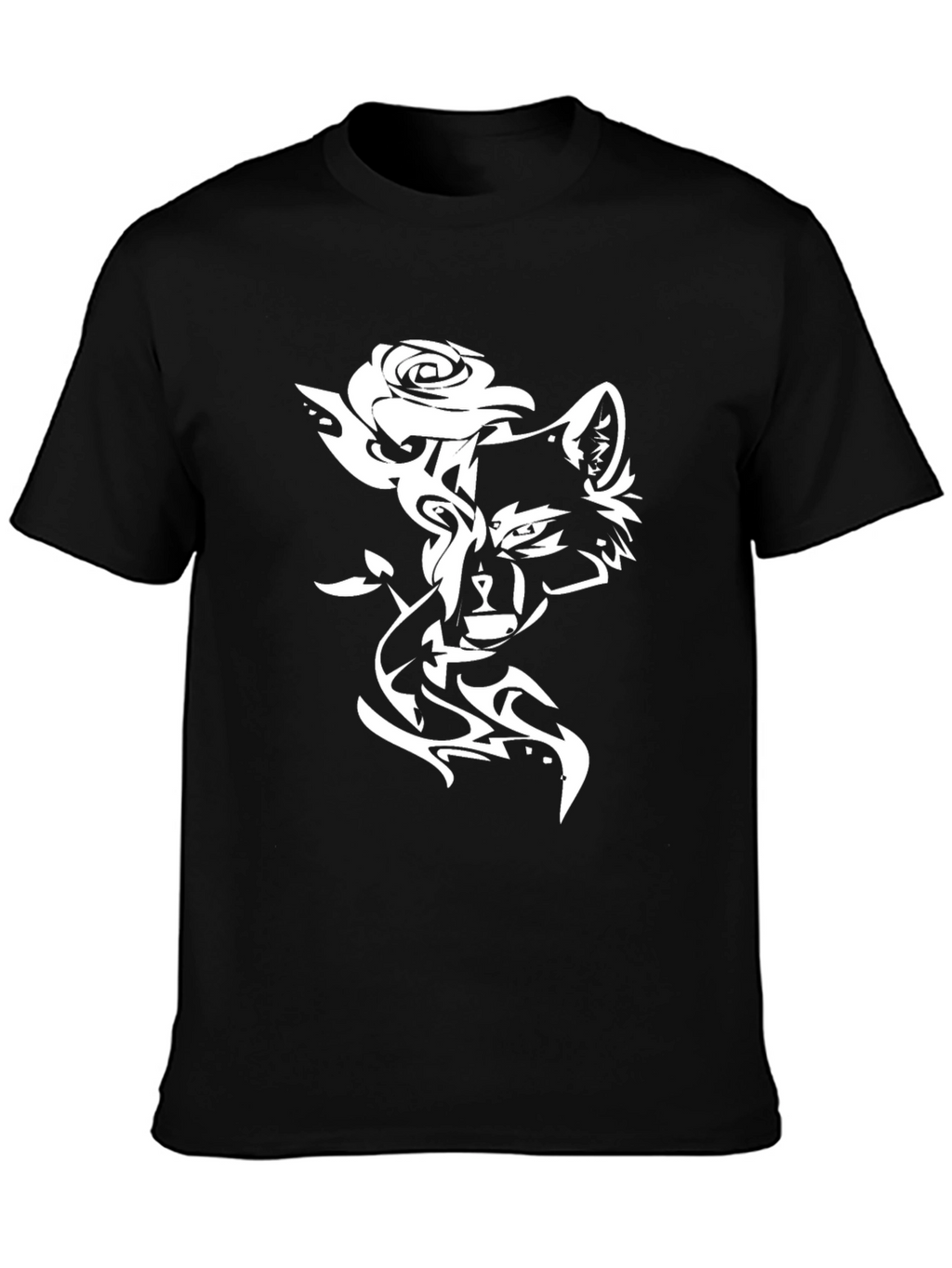 Stylish Black T-Shirt with Wolf & Rose Design
