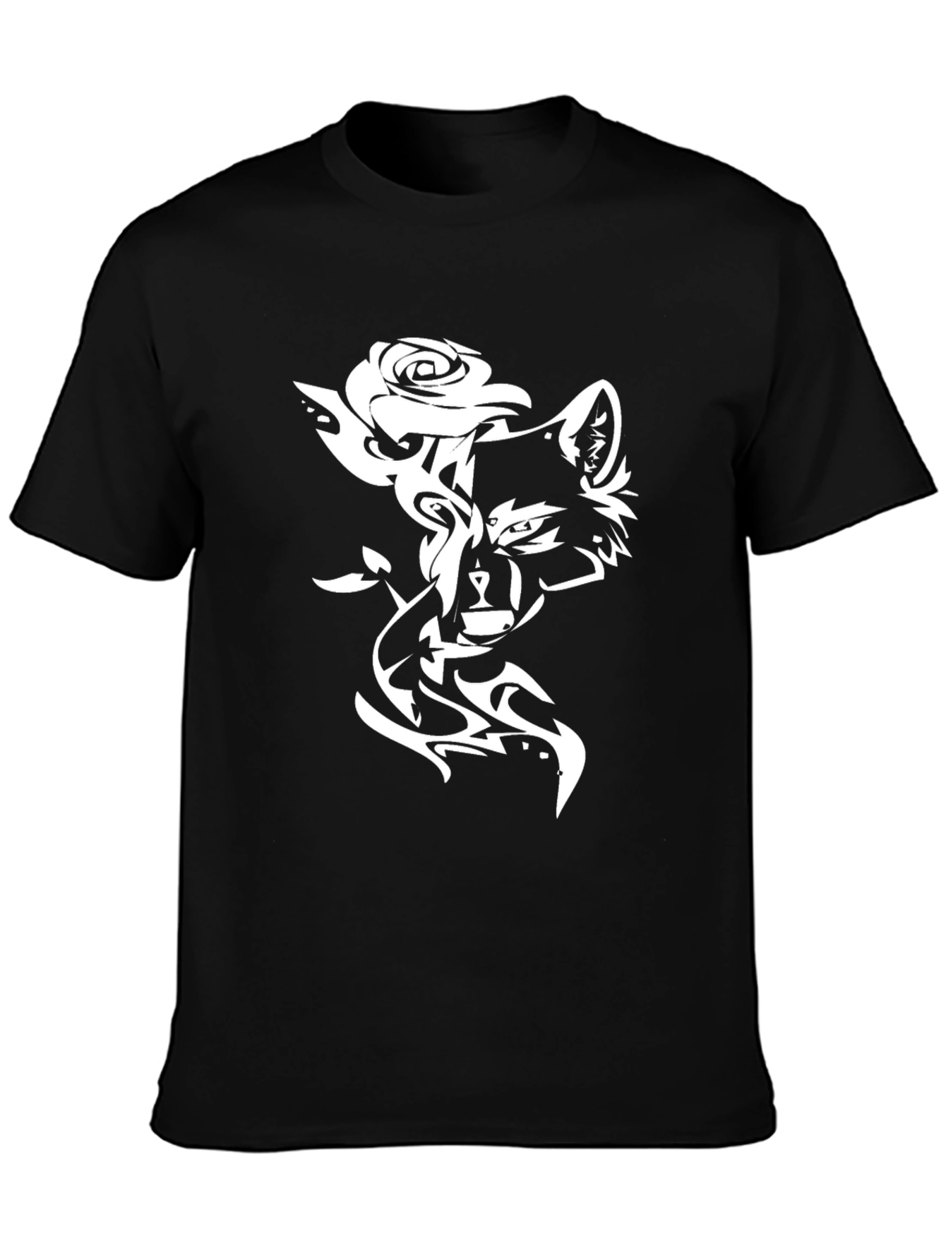 Stylish Black T-Shirt with Wolf & Rose Design