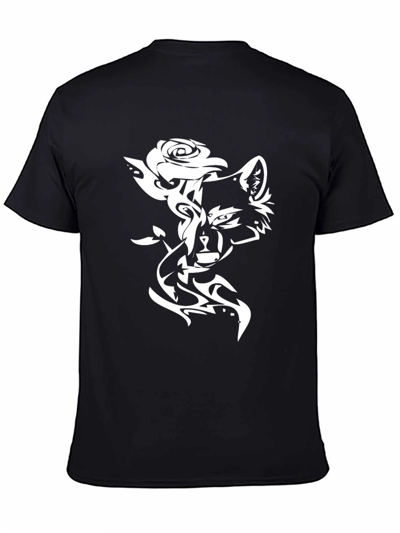 Stylish Black T-Shirt with Wolf & Rose Design