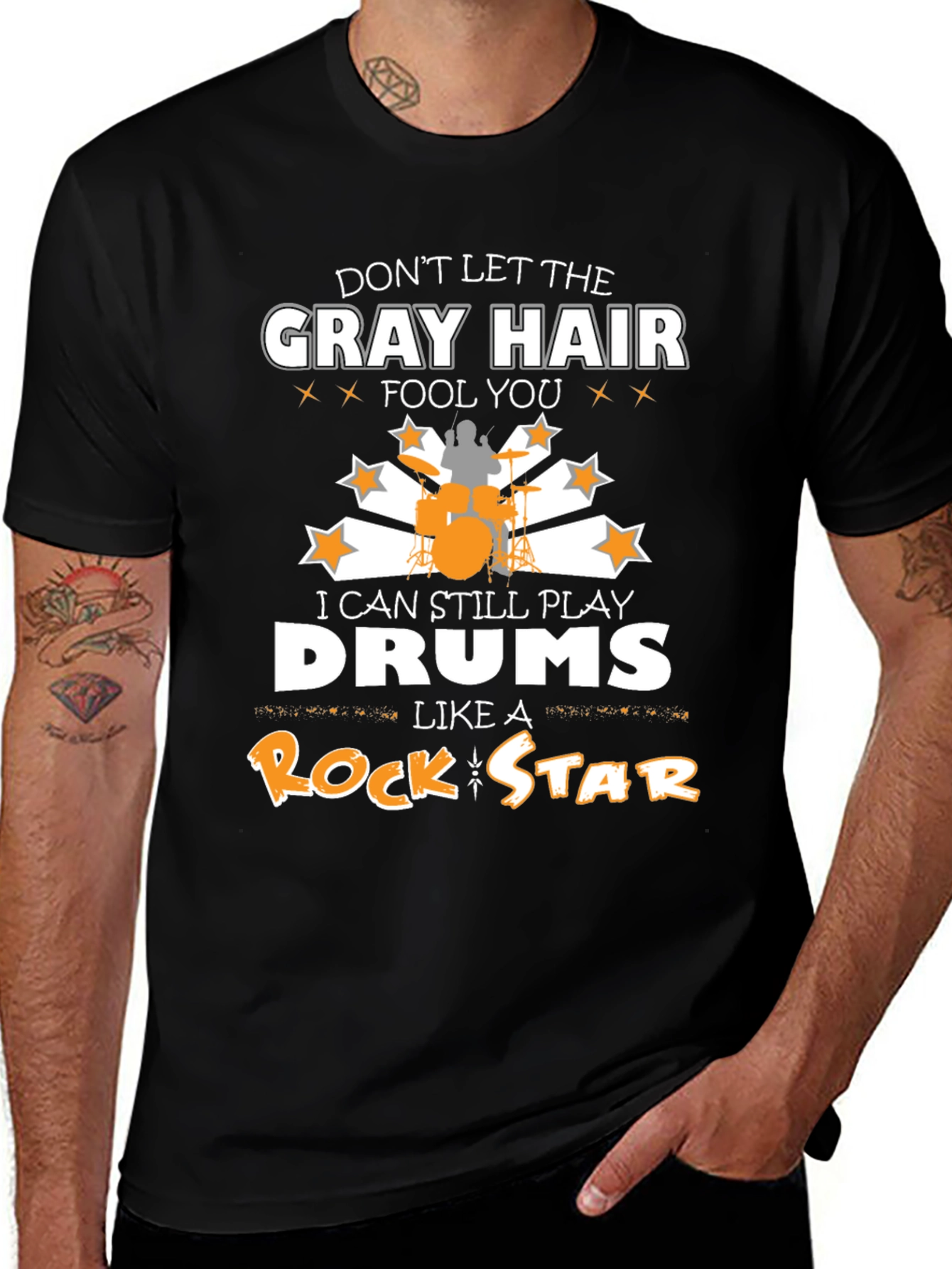 Funny Drummer T-Shirt: Gray Hair Rock Star