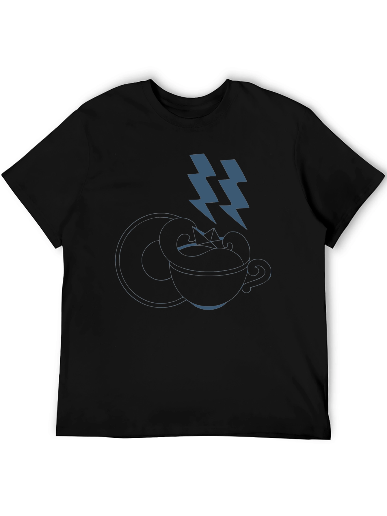 Stylish Black T-Shirt with Coffee Cup & Lightning Bolt Design