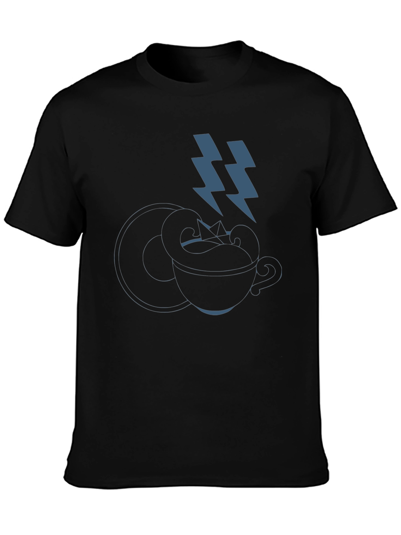 Stylish Black T-Shirt with Coffee Cup & Lightning Bolt Design