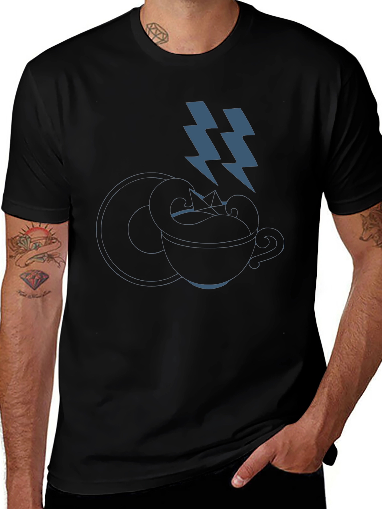 Stylish Black T-Shirt with Coffee Cup & Lightning Bolt Design