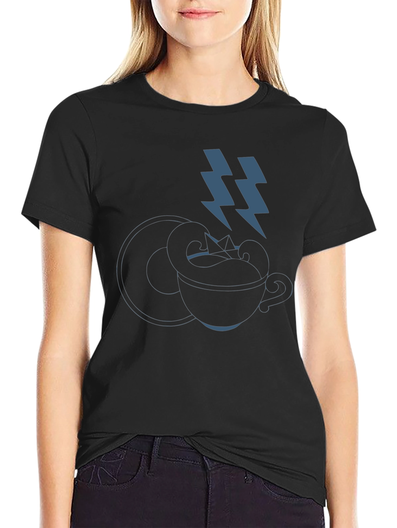 Stylish Black T-Shirt with Coffee Cup & Lightning Bolt Design