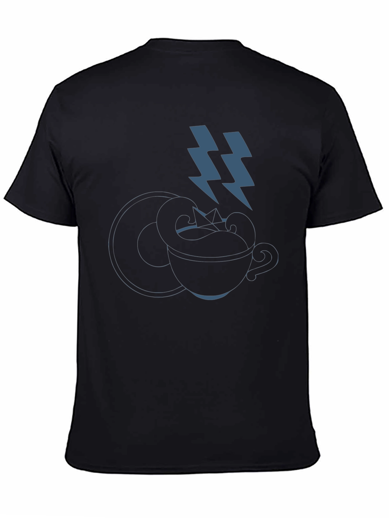 Stylish Black T-Shirt with Coffee Cup & Lightning Bolt Design