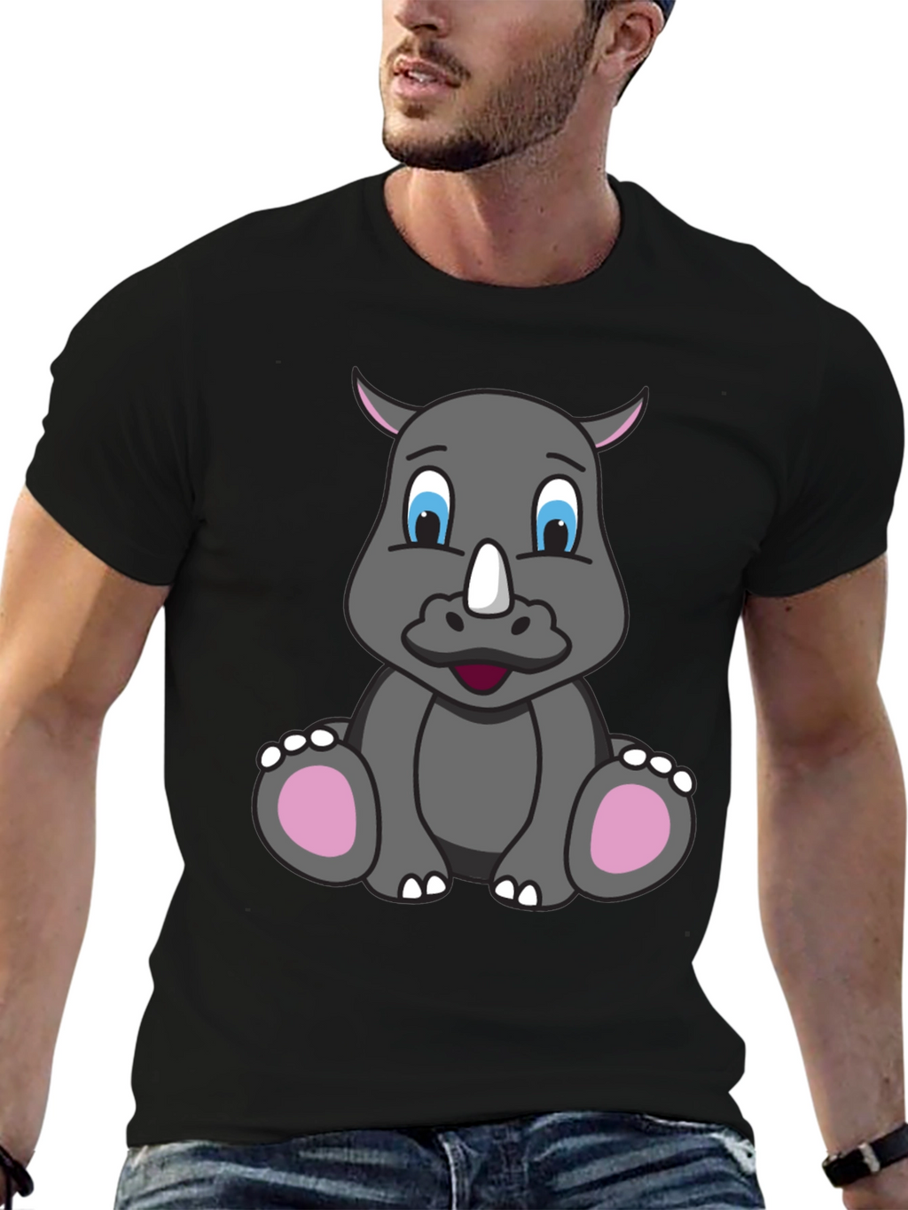 Cute Cartoon Rhino Black T-Shirt