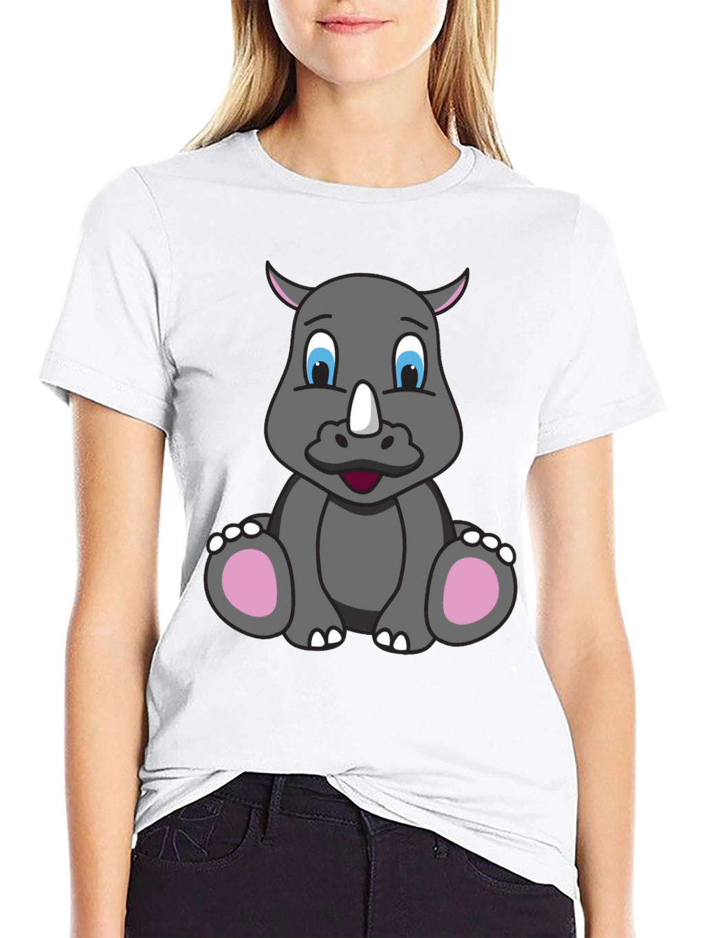 Cute Cartoon Rhino Black T-Shirt