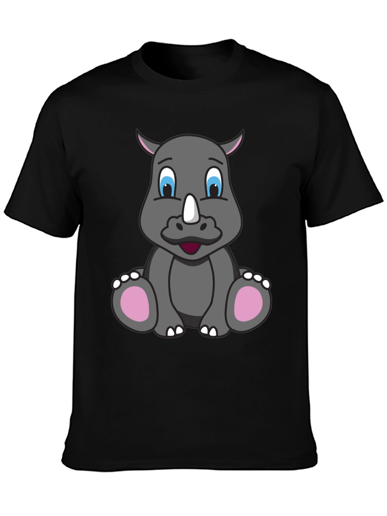 Cute Cartoon Rhino Black T-Shirt