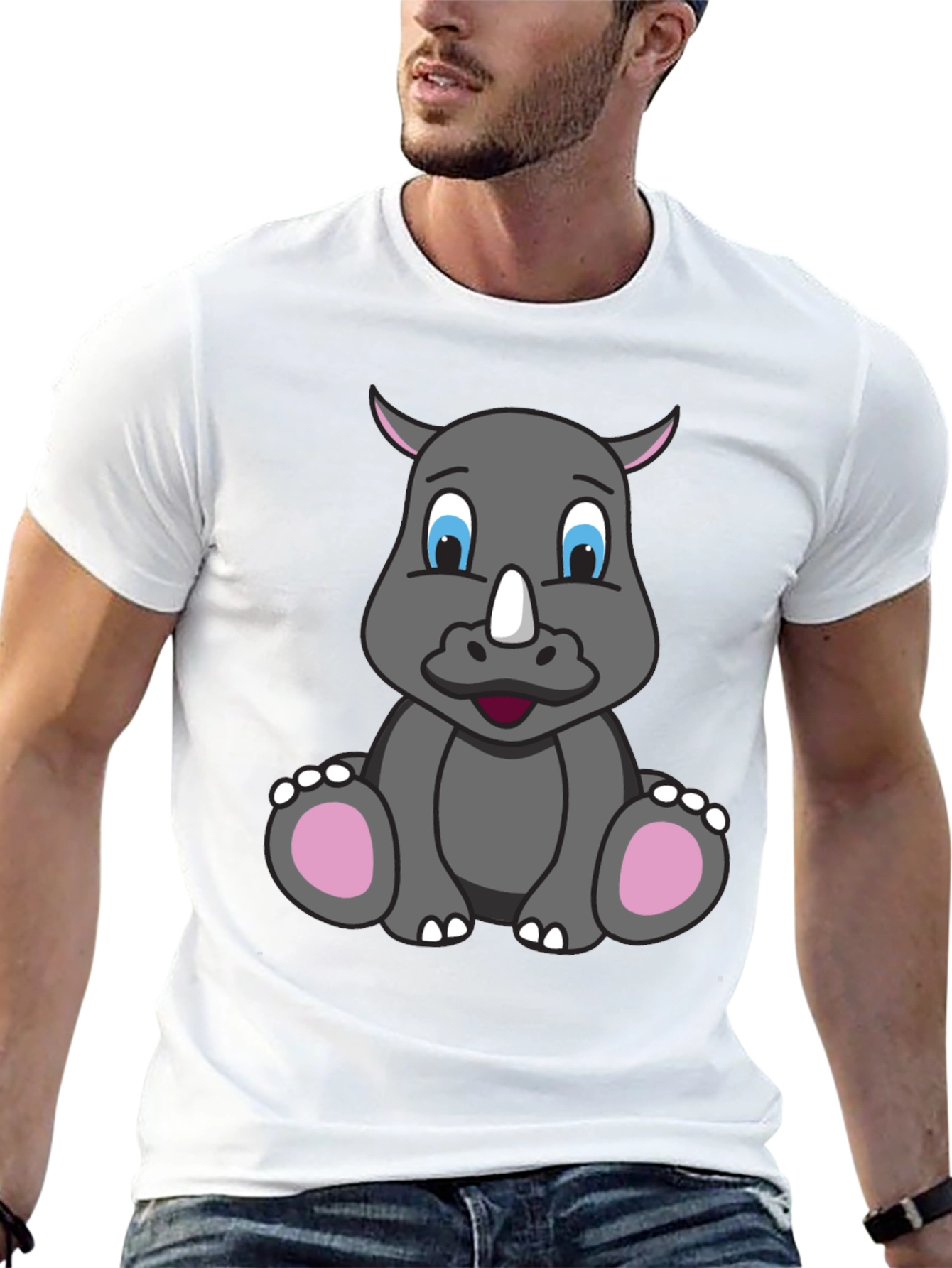Cute Cartoon Rhino Black T-Shirt