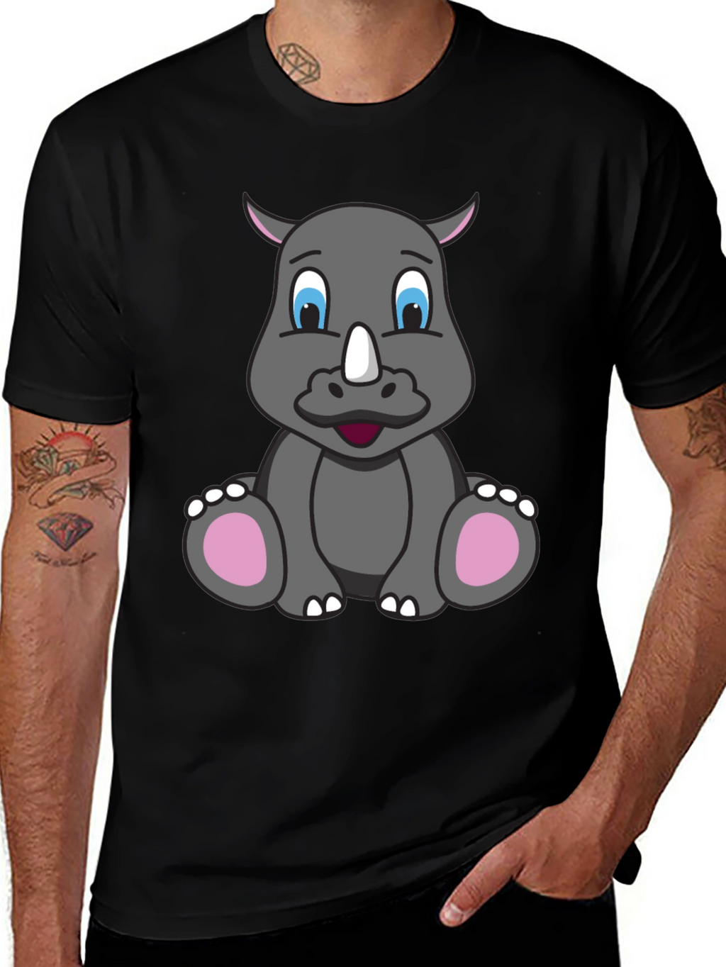 Cute Cartoon Rhino Black T-Shirt