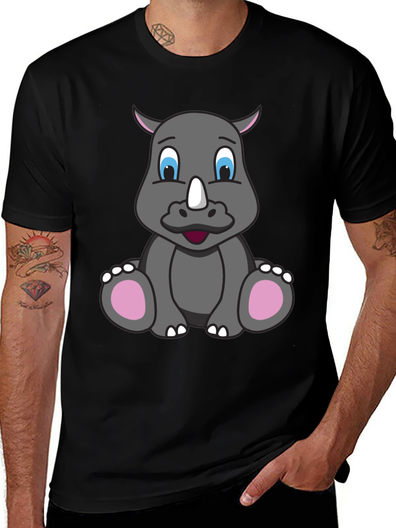 Cute Cartoon Rhino Black T-Shirt