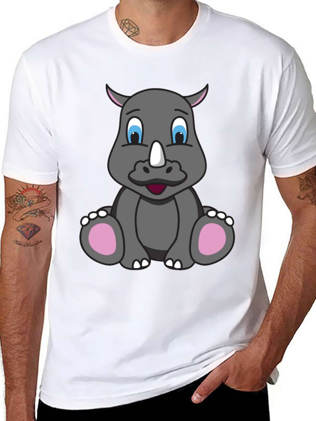 Cute Cartoon Rhino Black T-Shirt