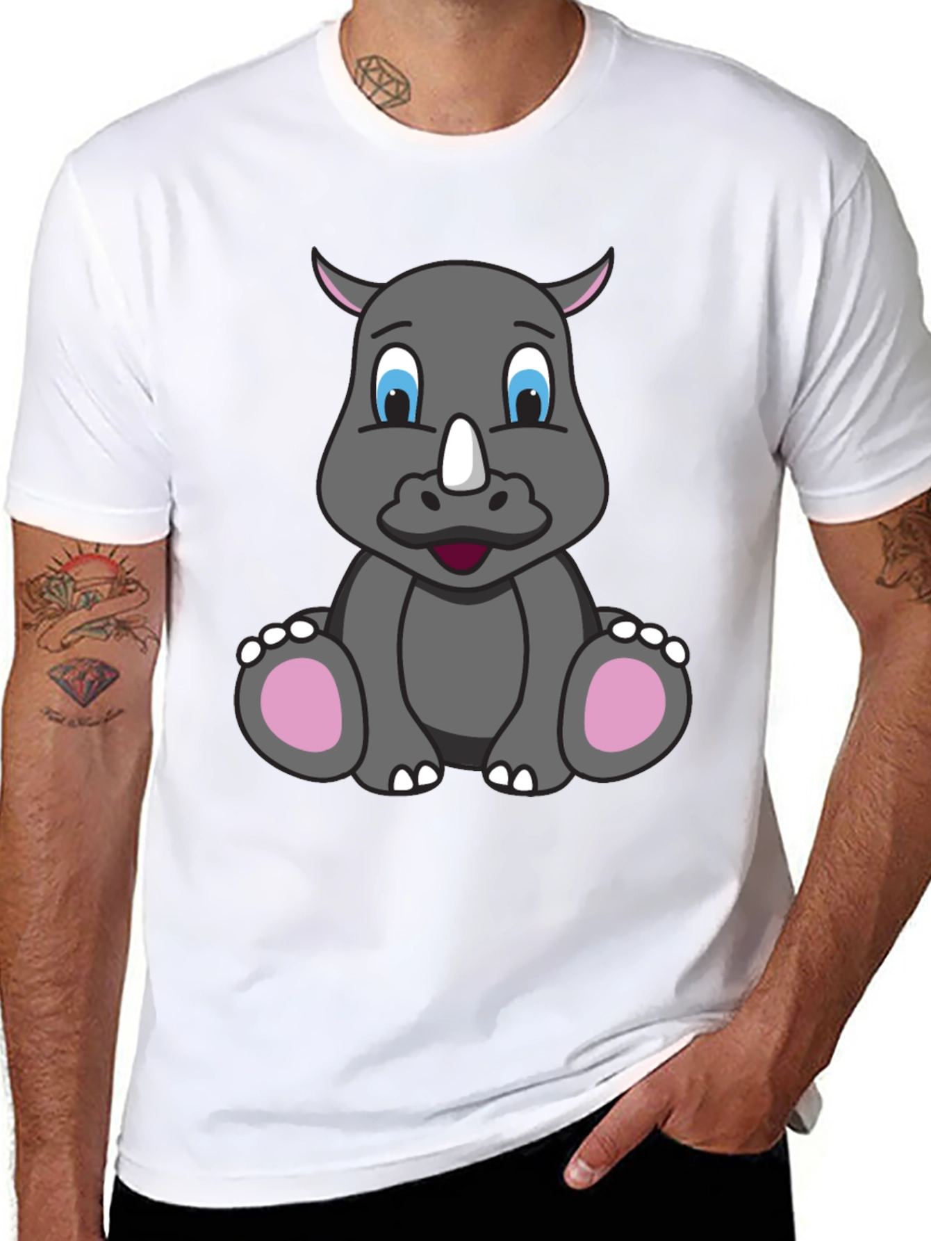 Cute Cartoon Rhino Black T-Shirt