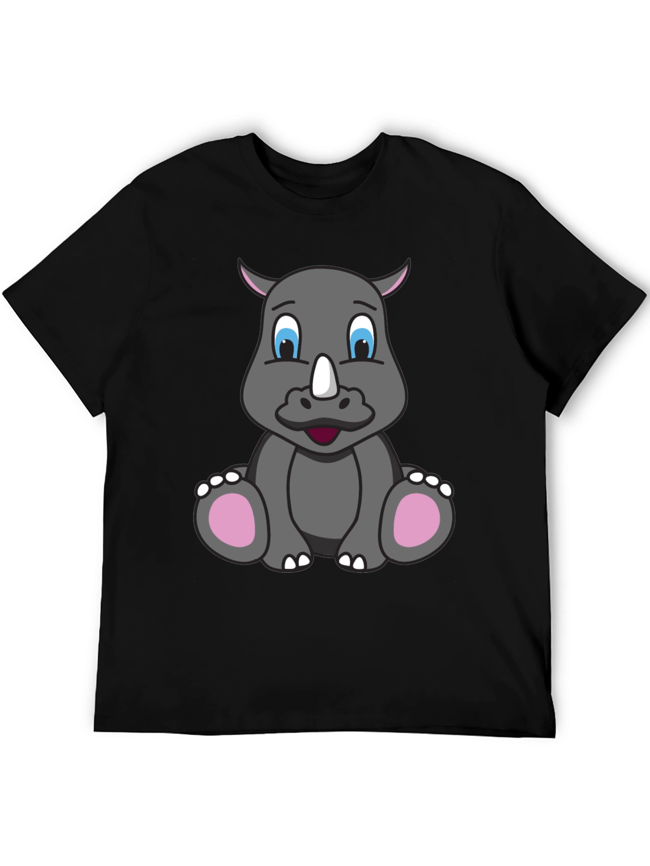 Cute Cartoon Rhino Black T-Shirt