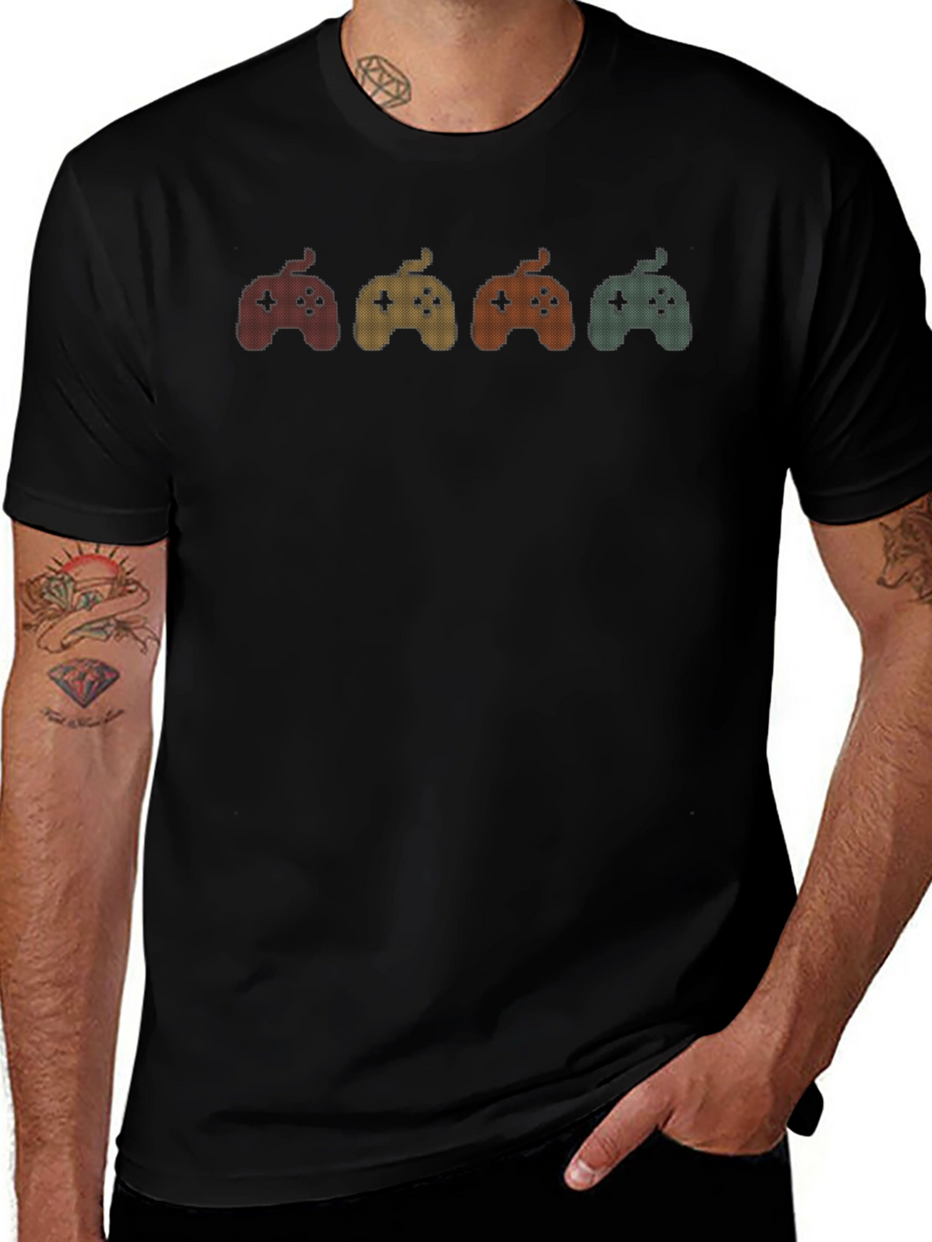 Retro Gaming Controller Graphic Tee - Black Cotton